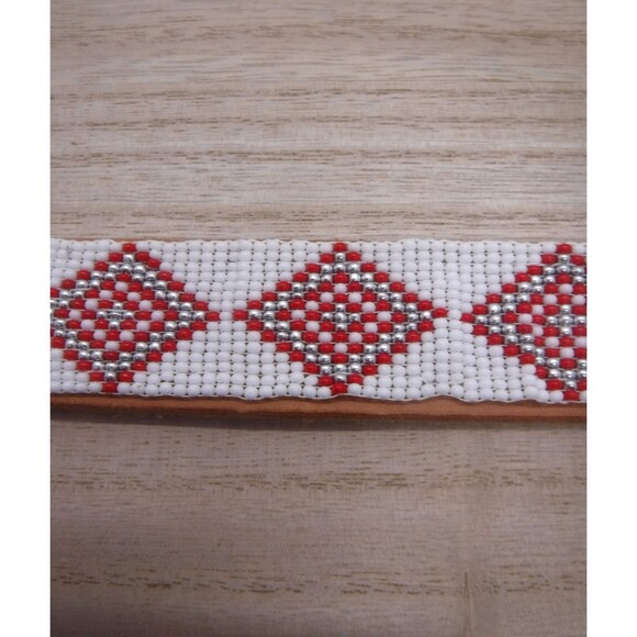 Loom Beaded Bracelet White & Red on Leather - Picture 3 of 4